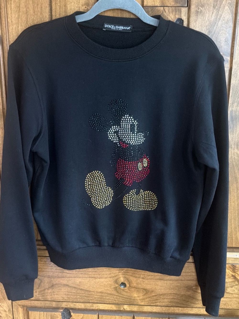 Authentic Dolce & Gabbana Black Crewneck Sweatshirt with Crystal Mickey Motif